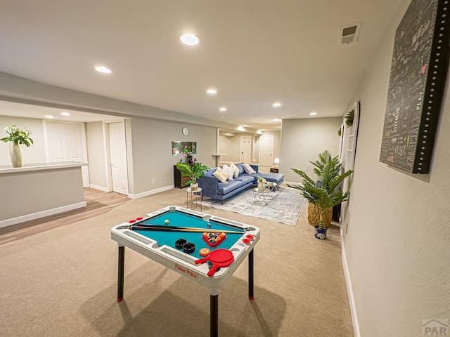 game room with carpet, recessed lighting, visible vents, and baseboards