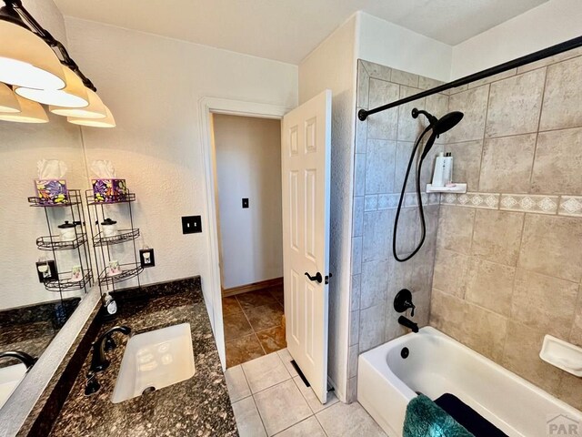 bathroom featuring shower / washtub combination, tile patterned flooring, and vanity