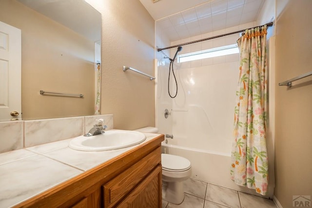 full bathroom featuring shower / tub combo, vanity, toilet, and tile patterned floors