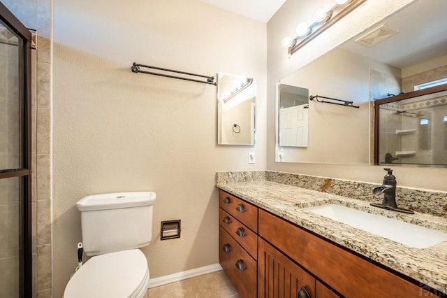 full bathroom with tile patterned flooring, toilet, vanity, visible vents, and tiled shower