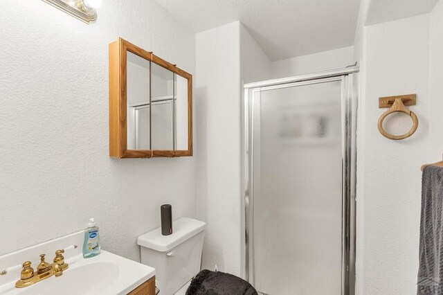 full bath with toilet, a stall shower, and vanity