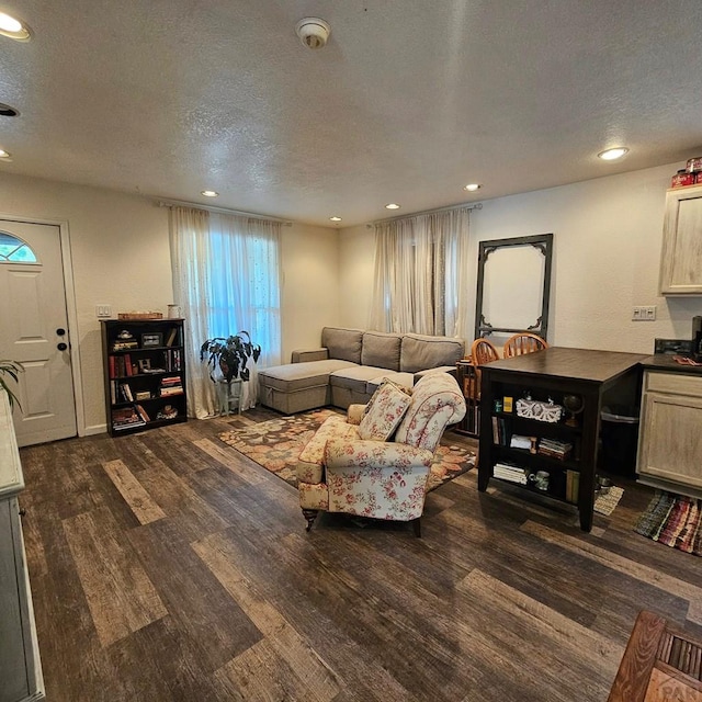 1819 W Arroyo Ave, Pueblo, CO 81004 - living room featuring dark wood-style flooring, a textured ceiling, and recessed lighting