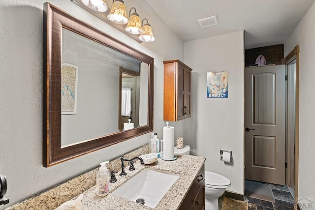 424 Mcclelland Ave, Pueblo, CO 81005 - bathroom featuring vanity, stone tile floors, and toilet