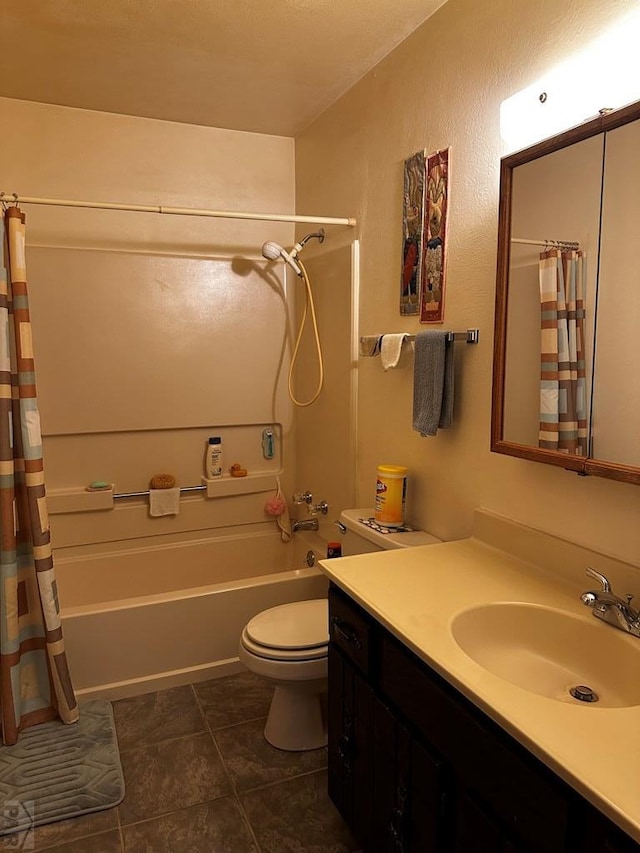 full bathroom with vanity, shower / bath combo, tile patterned flooring, and toilet