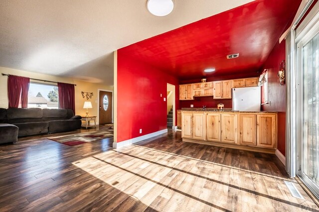 kitchen with dark wood-style flooring, freestanding refrigerator, open floor plan, light brown cabinets, and baseboards