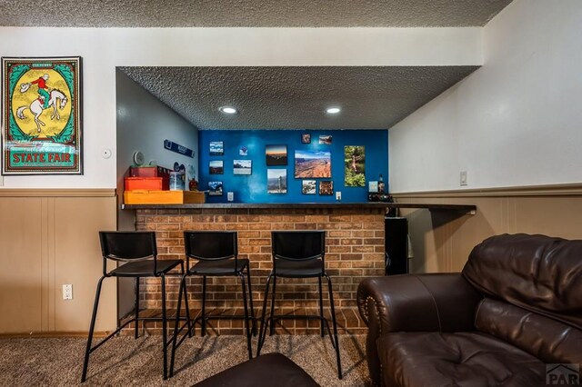 bar featuring a textured ceiling, a bar, wainscoting, and carpet