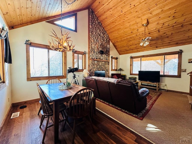 834 Ponderosa Rd, Cuchara, CO 81055 - dining area with baseboards, wood ceiling, a chandelier, high vaulted ceiling, and wood finished floors