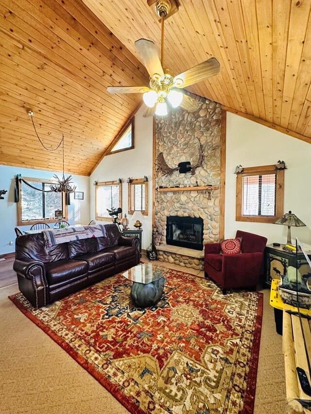 834 Ponderosa Rd, Cuchara, CO 81055 - living area featuring carpet, wood ceiling, a ceiling fan, a fireplace, and high vaulted ceiling