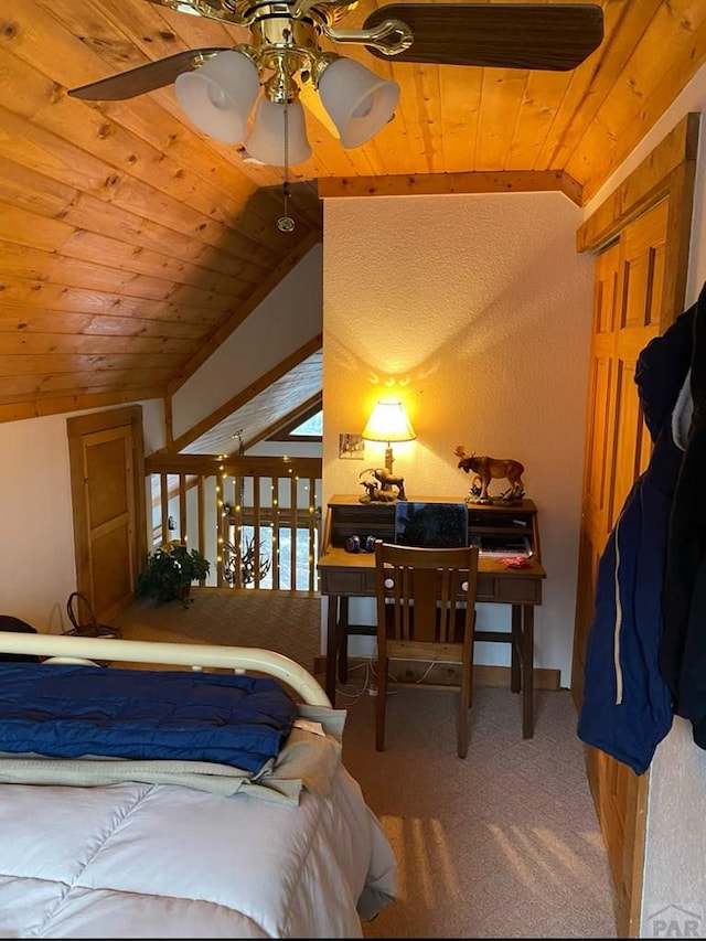 834 Ponderosa Rd, Cuchara, CO 81055 - bedroom with lofted ceiling, wooden ceiling, and carpet flooring