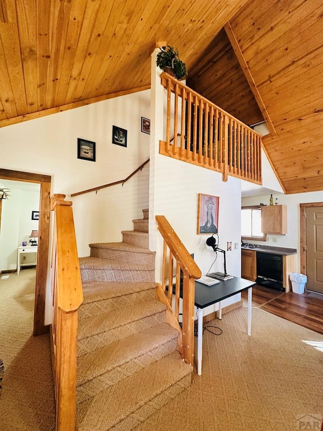 834 Ponderosa Rd, Cuchara, CO 81055 - stairs with wood ceiling, vaulted ceiling, and carpet flooring