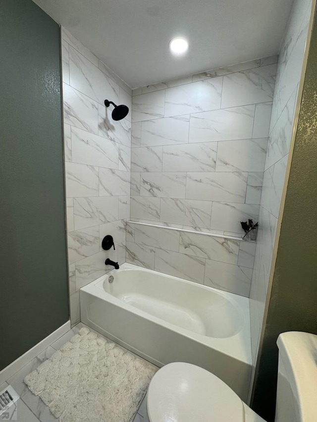 full bathroom with toilet,  shower combination, marble finish floors, baseboards, and recessed lighting
