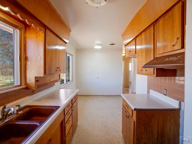 1161 S Supple Cir, Pueblo, CO 31006 - kitchen featuring a sink, brown cabinetry, decorative backsplash, and light carpet
