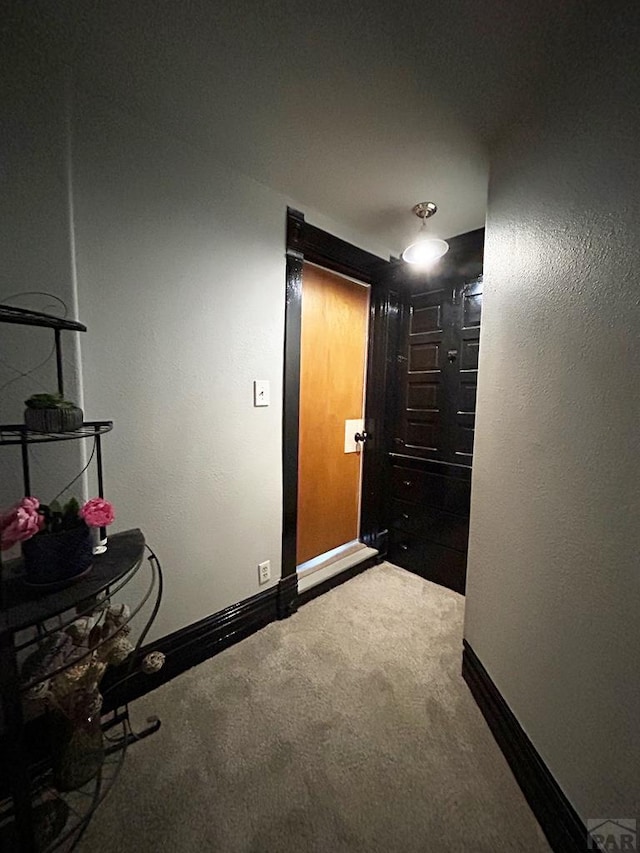 hall featuring baseboards and carpet flooring
