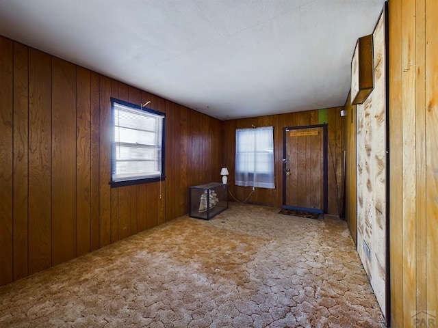 foyer with wood walls and light colored carpet