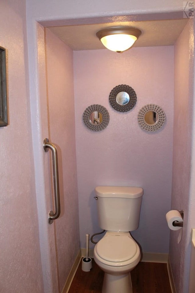 bathroom with baseboards, toilet, and wood finished floors