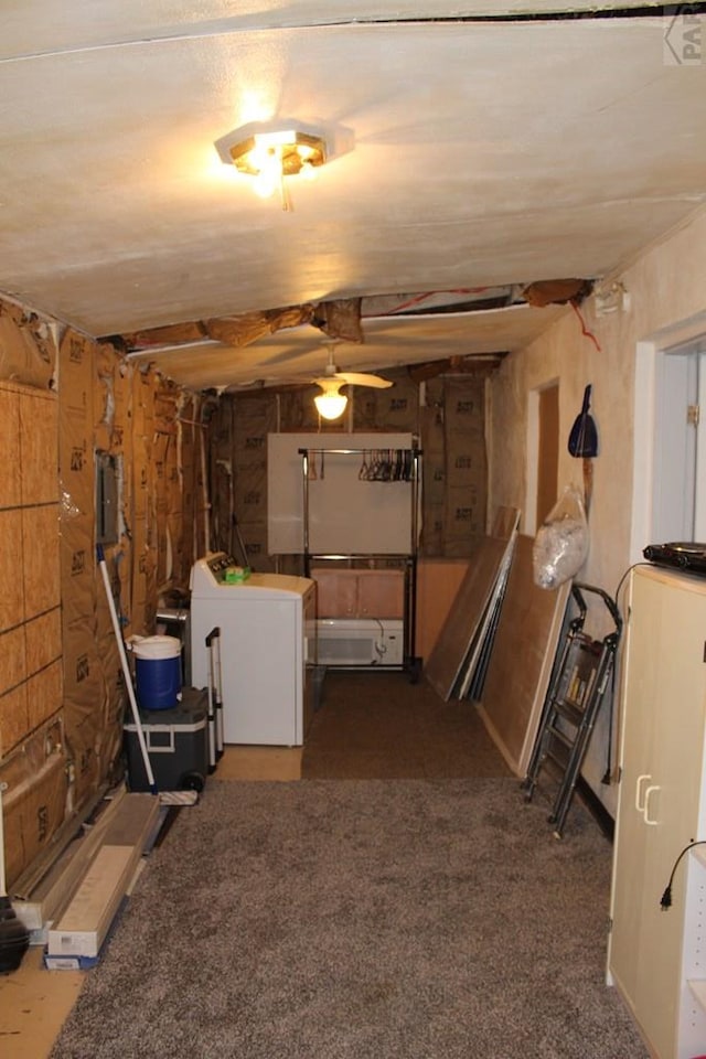 below grade area with a garage, washer / dryer, and dark colored carpet