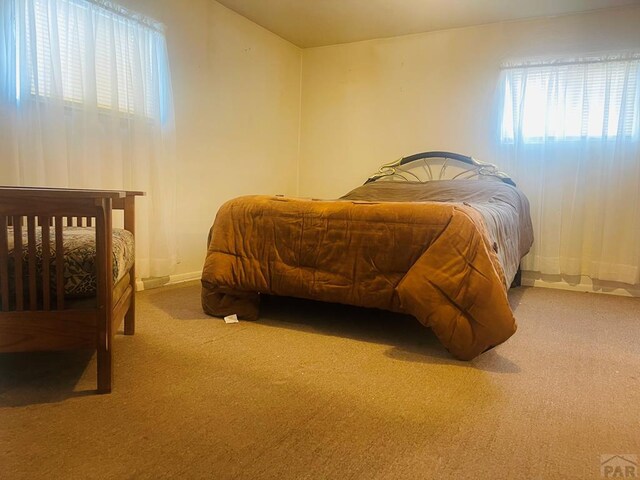 bedroom with light carpet