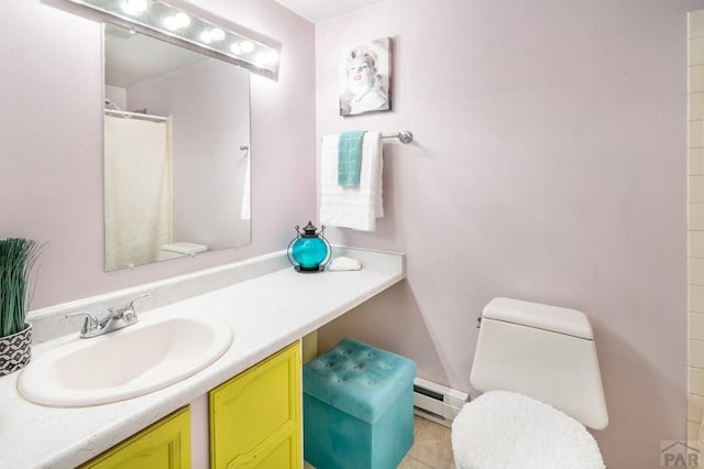 bathroom with curtained shower, toilet, tile patterned floors, vanity, and a baseboard radiator