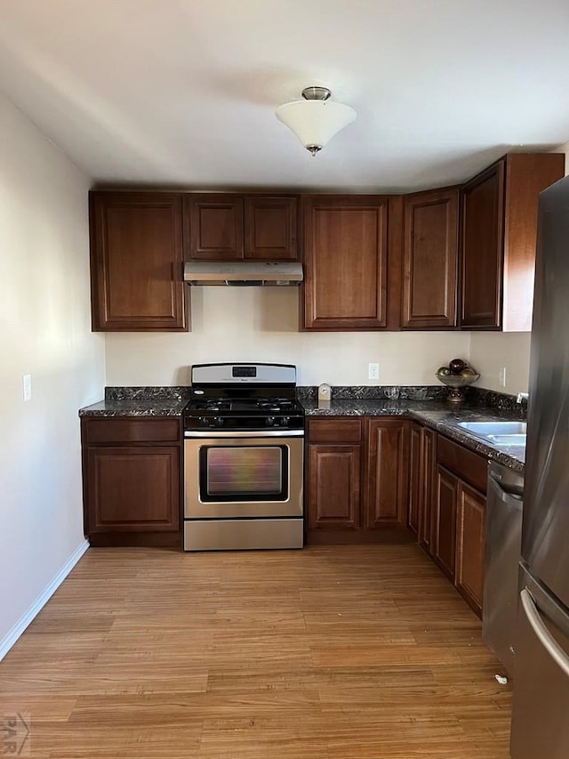 kitchen with a sink, appliances with stainless steel finishes, under cabinet range hood, and light wood-style floors