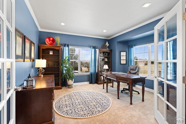 office featuring baseboards, light colored carpet, ornamental molding, french doors, and recessed lighting