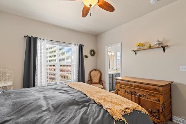 bedroom featuring a ceiling fan and ensuite bathroom