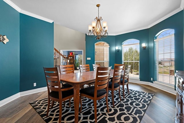 dining area with dark wood-style flooring, crown molding, stairway, an inviting chandelier, and baseboards