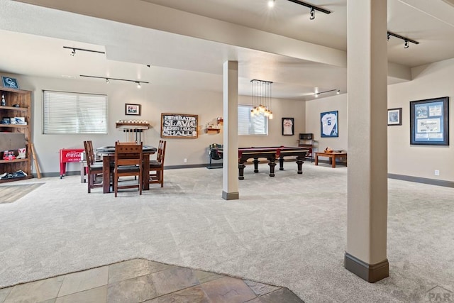 recreation room with pool table, baseboards, light colored carpet, and track lighting