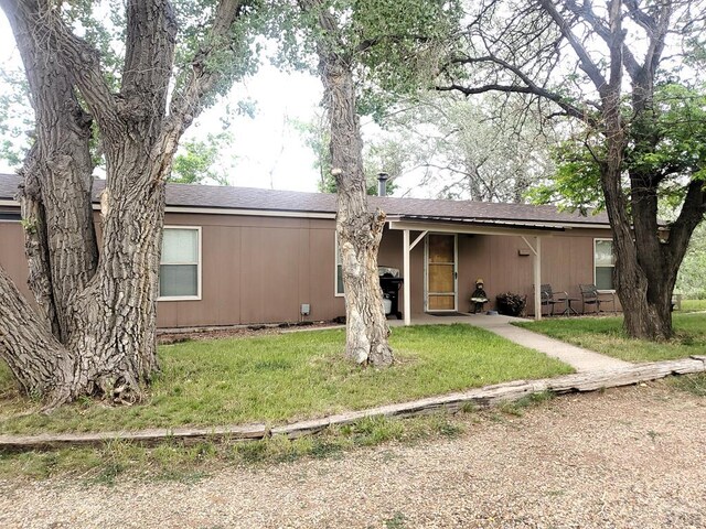 back of property with a lawn