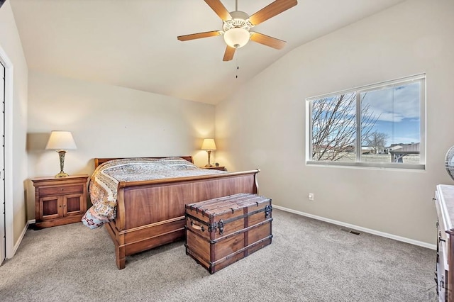 bedroom featuring lofted ceiling, light carpet, a ceiling fan, visible vents, and baseboards