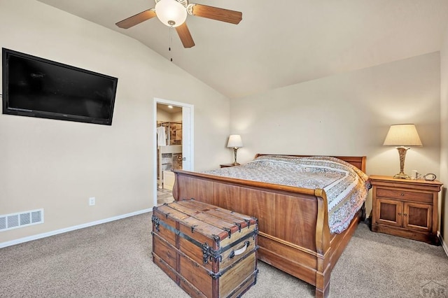 bedroom with visible vents, light carpet, vaulted ceiling, ceiling fan, and baseboards