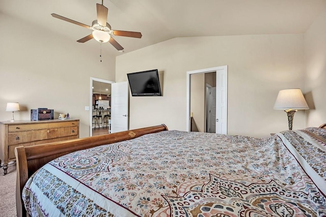 bedroom with a ceiling fan, carpet, and lofted ceiling