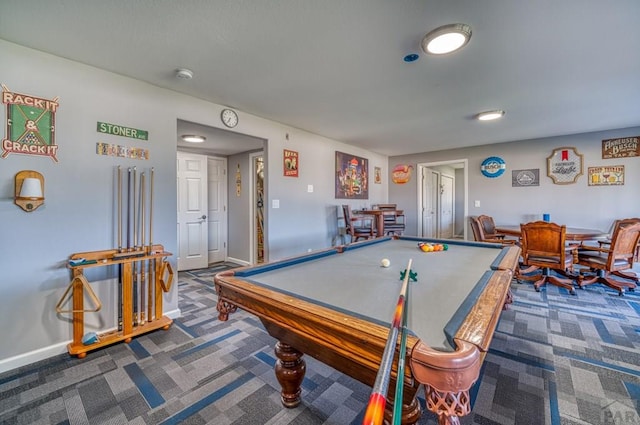 rec room featuring billiards, dark carpet, and baseboards