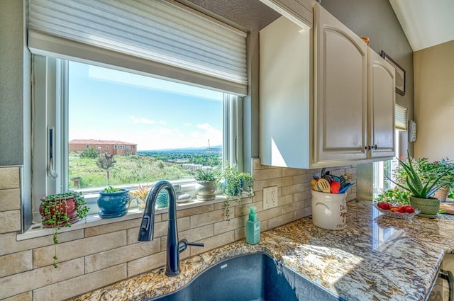 kitchen with tasteful backsplash, a sink, and light stone countertops