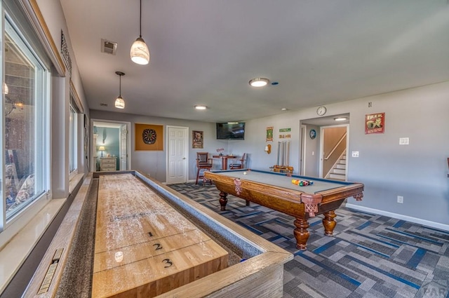 playroom featuring carpet floors, pool table, visible vents, and baseboards