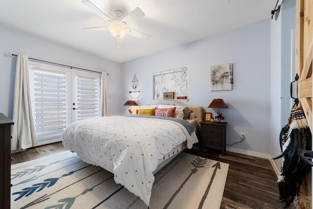 bedroom featuring ceiling fan, dark wood-style flooring, baseboards, access to outside, and french doors