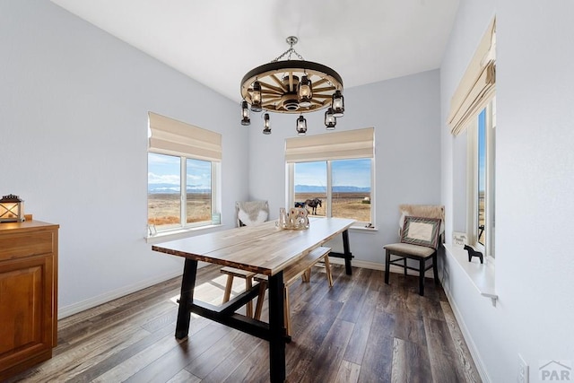 dining area featuring dark wood-style flooring, plenty of natural light, and baseboards