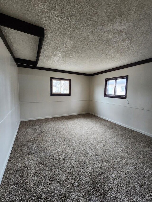 carpeted empty room featuring plenty of natural light, baseboards, and a textured ceiling