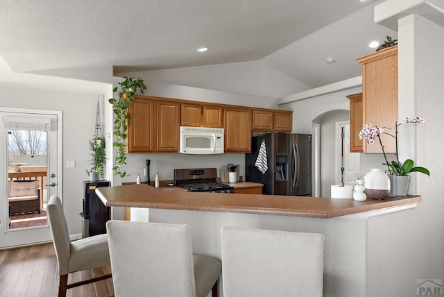 kitchen featuring lofted ceiling, light wood-style floors, a kitchen bar, and stainless steel appliances