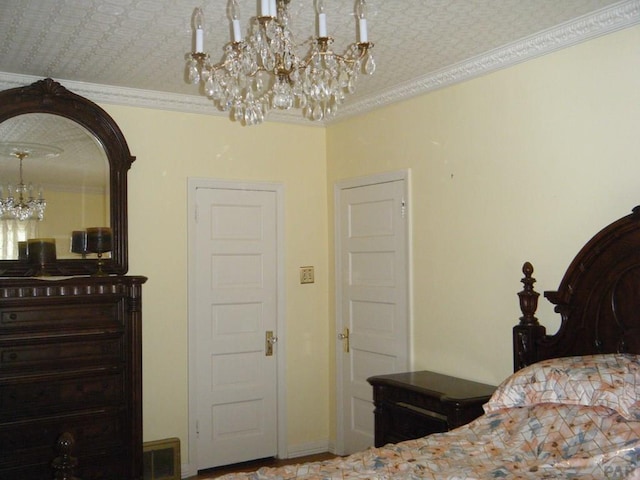 bedroom featuring crown molding and a notable chandelier