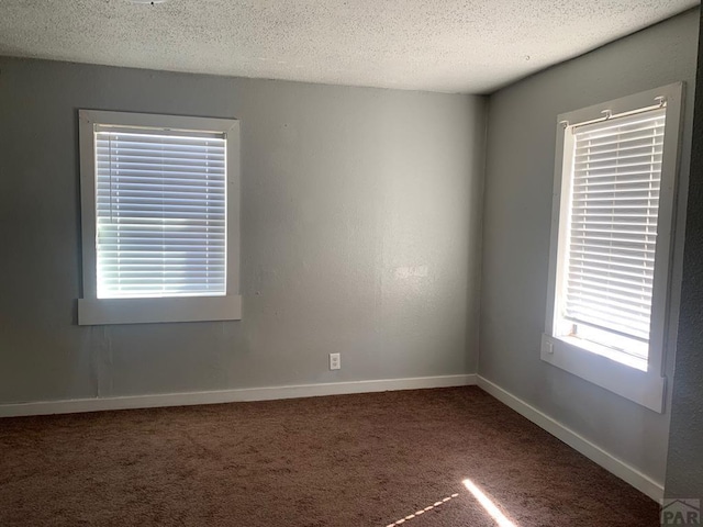 spare room featuring carpet, plenty of natural light, a textured ceiling, and baseboards