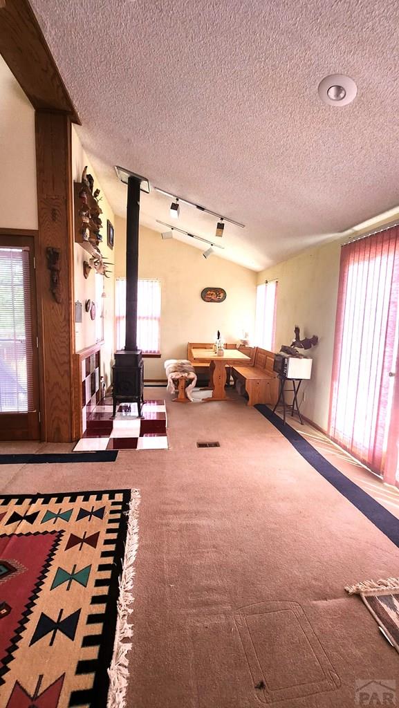 997 Wells Fargo Cir, Jefferson, CO 80456 - living room featuring a wood stove, a textured ceiling, and carpet floors