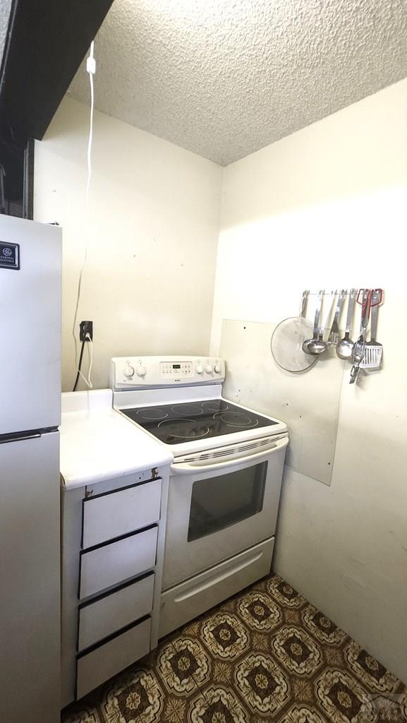 997 Wells Fargo Cir, Jefferson, CO 80456 - kitchen with white electric stove, freestanding refrigerator, a textured ceiling, and light countertops