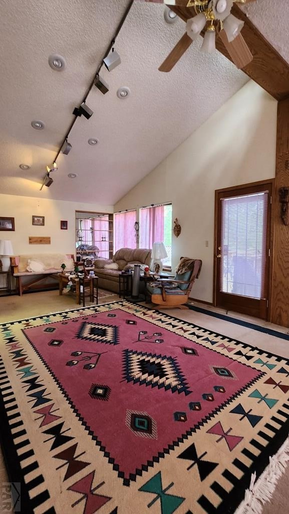 997 Wells Fargo Cir, Jefferson, CO 80456 - living area with a textured ceiling, vaulted ceiling, a ceiling fan, and rail lighting