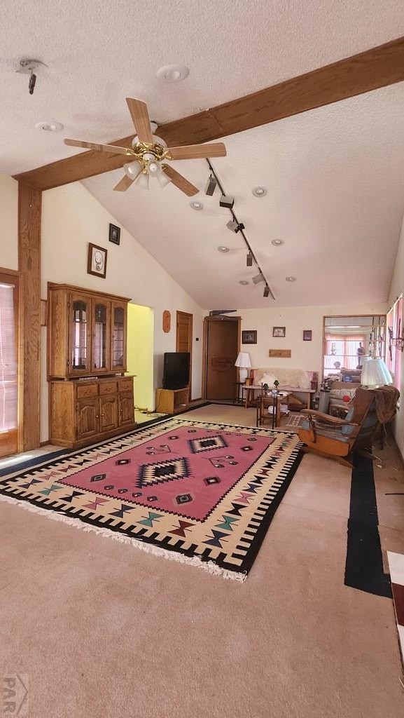 997 Wells Fargo Cir, Jefferson, CO 80456 - carpeted living area with track lighting, lofted ceiling, a ceiling fan, and a textured ceiling