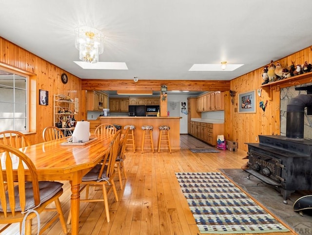 1505 Center Ln, Pueblo, CO 81006 - dining area featuring a wood stove, wooden walls, a skylight, and light wood-style floors