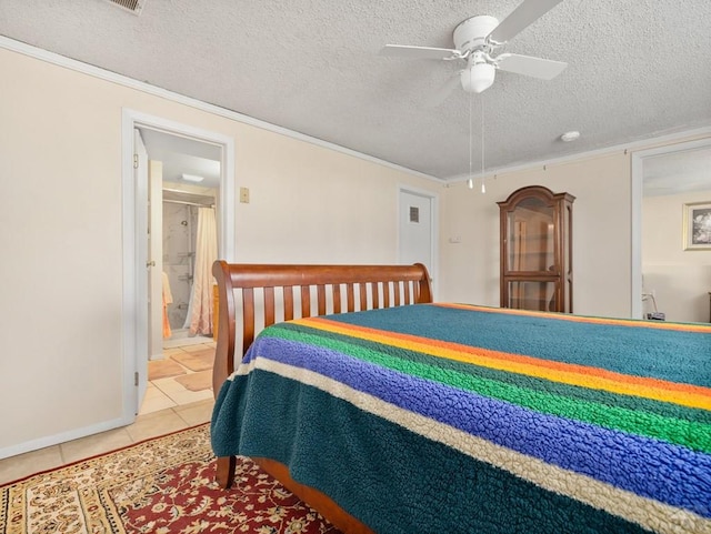 1505 Center Ln, Pueblo, CO 81006 - tiled bedroom with a textured ceiling, crown molding, a ceiling fan, and ensuite bathroom