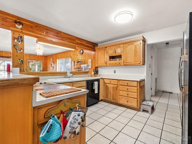 1505 Center Ln, Pueblo, CO 81006 - kitchen with black dishwasher, open shelves, freestanding refrigerator, light tile patterned floors, and light countertops