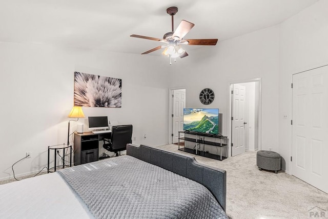 4141 Outlook Blvd Unit Q, Pueblo, CO 81008 - bedroom with carpet flooring, a ceiling fan, and high vaulted ceiling