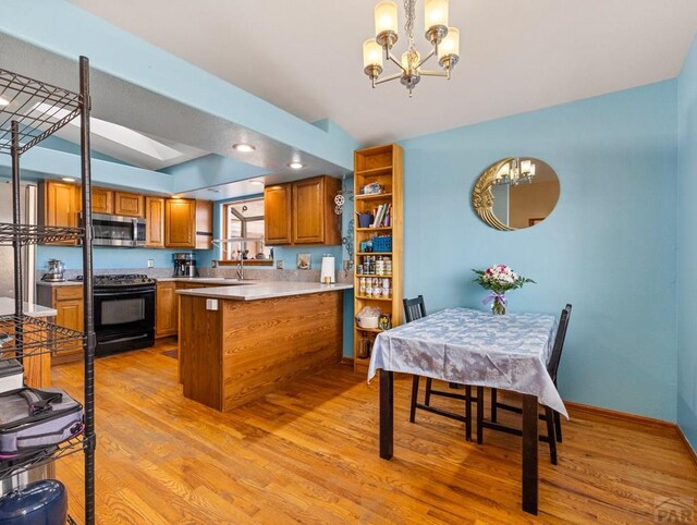 kitchen with brown cabinetry, stainless steel microwave, a peninsula, black range with gas stovetop, and light countertops