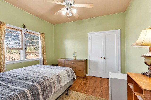 bedroom featuring ceiling fan and light wood-style flooring